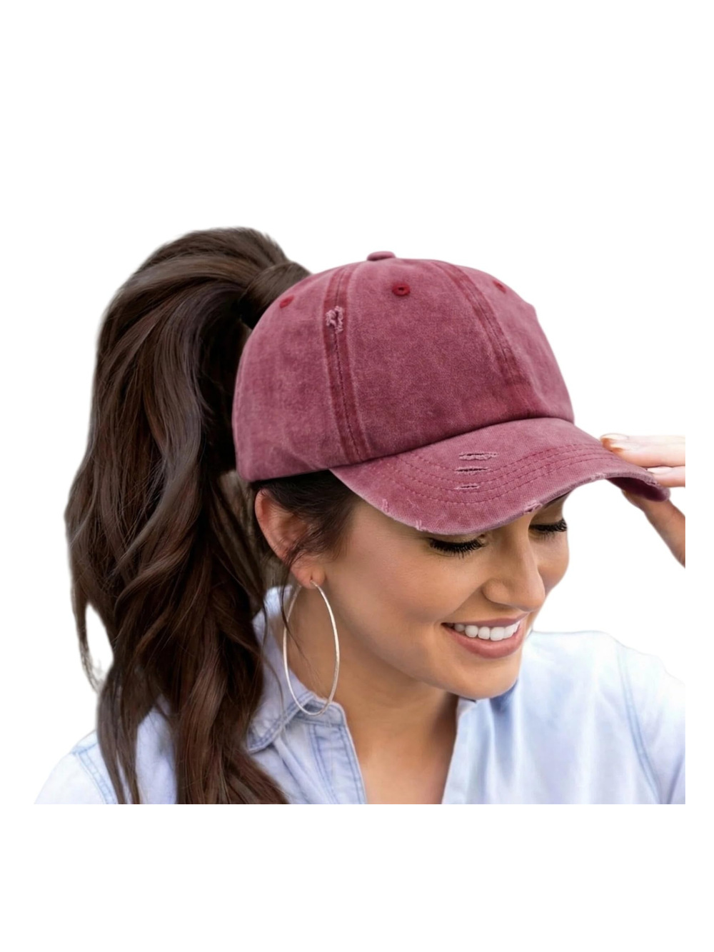 Womens High Ponytail Messy Bun Baseball Caps | Solid Fabric Wine | Size OS